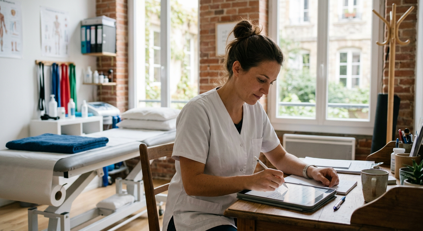 Une kinésithérapeute en tunique blanche prend des notes sur une tablette, à son bureau, dans une salle de soins lumineuse.
